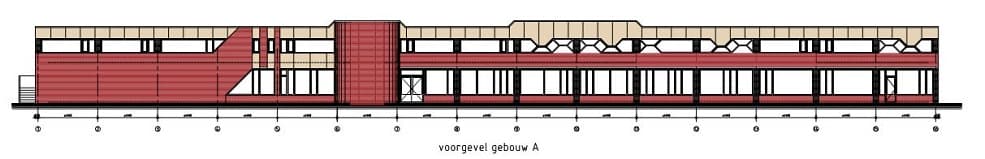 Geveltekening van de oude situatie van het magazijn