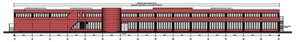 Geveltekening van de nieuwe voorgevel van het kantorencomplex