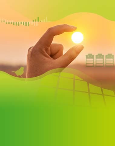 Hand die de zon tussen duim en wijsvinger houdt, met zonnepanelen, batterijen en energiegrafiek in groene golven