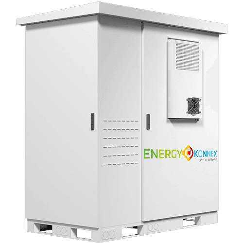 Witte buitenkast van een Condor superbatterij met ventilatierooster en EnergyKonnex-logo