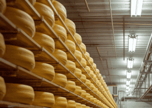 Rijen kaaswielen op stellingen in een kaasfabriek