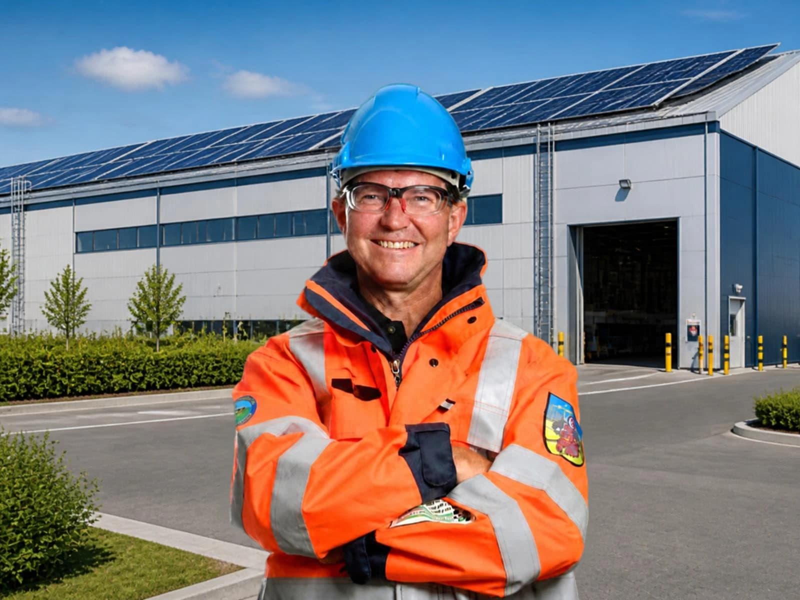 Energieadviseur van EnergyKonnex met helm en werkjas voor een bedrijfshal met zonnepanelen op het dak