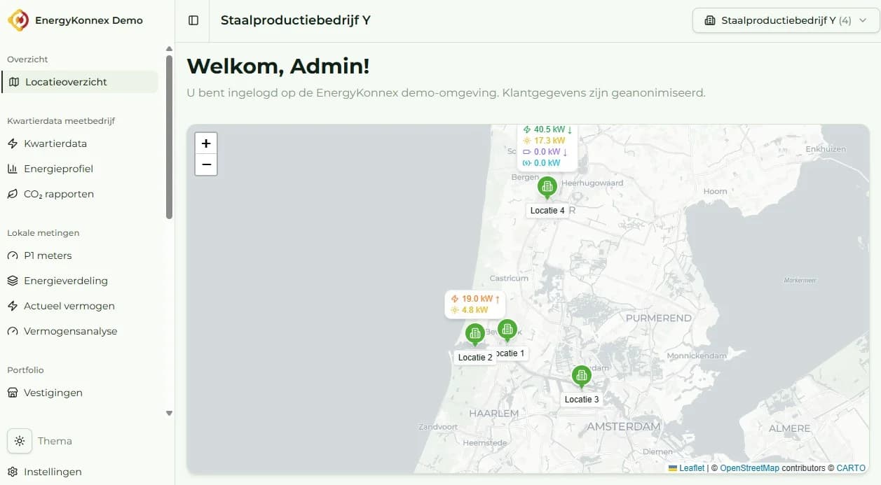 Het EnergyKonnex energieportaal met een kaart van alle locaties van een bedrijf en per locatie het actuele vermogen