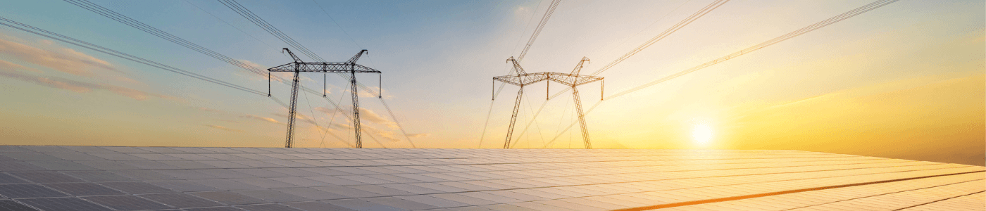 Veld met zonnepanelen en hoogspanningsmasten bij zonsondergang