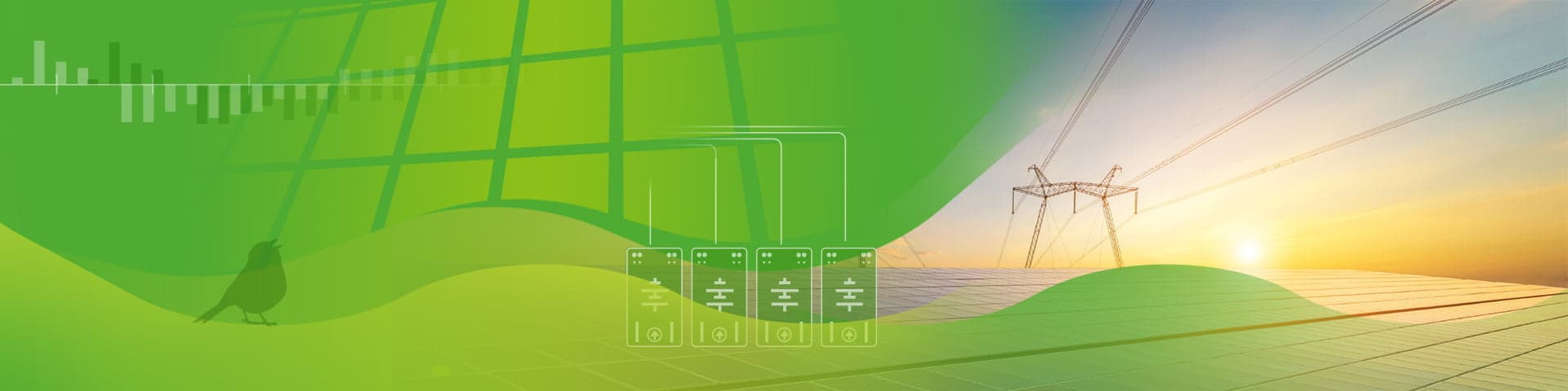 Groene EnergyKonnex-banner met batterijmodules, hoogspanningsmasten en zonnepanelen bij zonsondergang